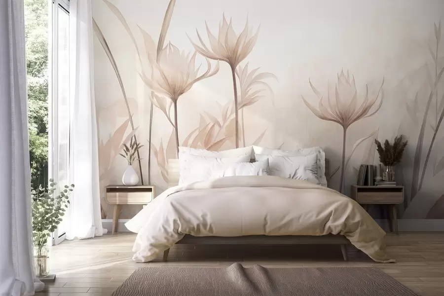 murais de parede Flores translúcidas com textura, em tons suaves de pêssego e bege, com caules longos e folhagem w10028