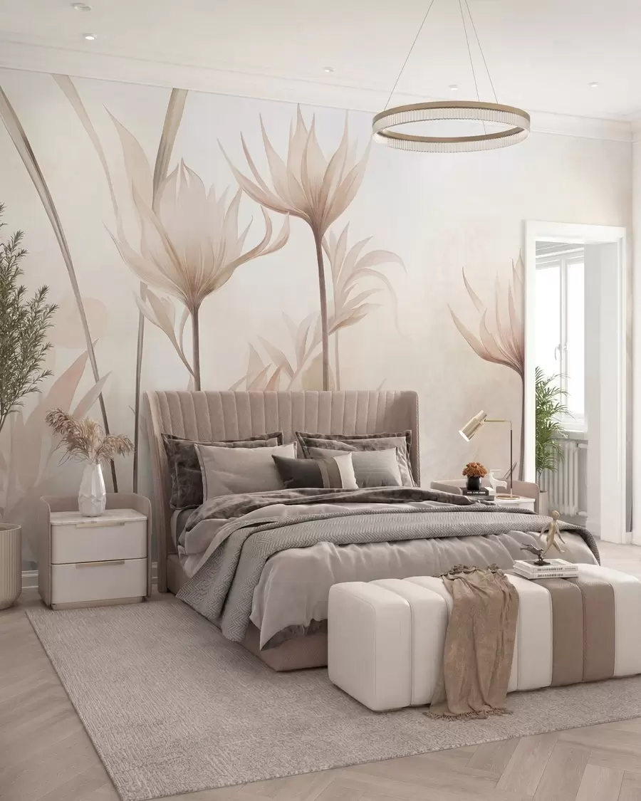 murais de parede Flores translúcidas com textura, em tons suaves de pêssego e bege, com caules longos e folhagem w10028