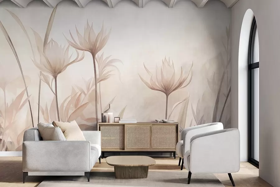 murais de parede Flores translúcidas com textura, em tons suaves de pêssego e bege, com caules longos e folhagem w10028