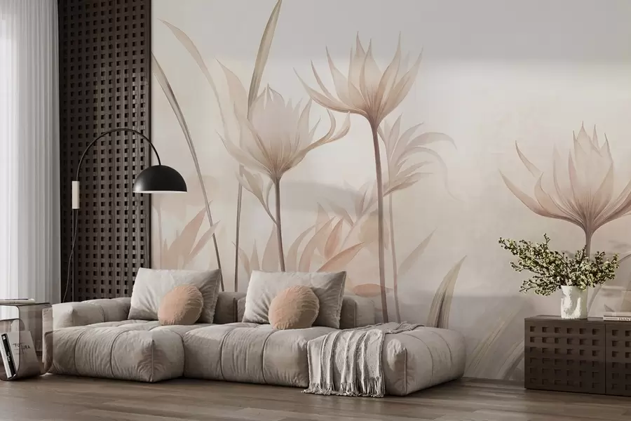 murais de parede Flores translúcidas com textura, em tons suaves de pêssego e bege, com caules longos e folhagem w10028