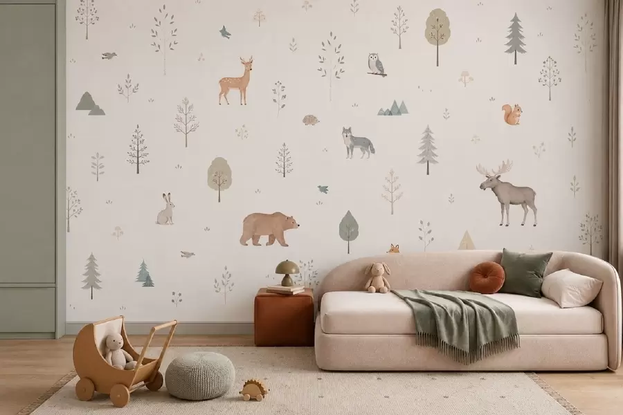 murais de parede Animais da floresta e árvores num fundo claro w05864