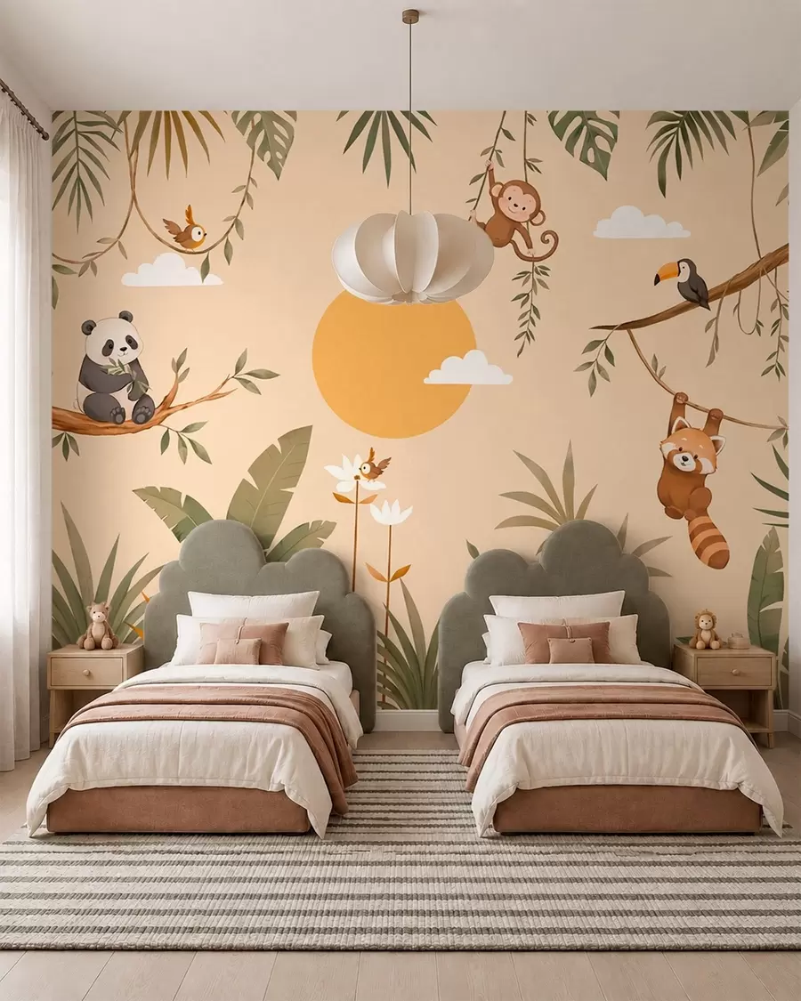 murais de parede Animais tropicais, folhagem e sol num fundo quente w05865v1