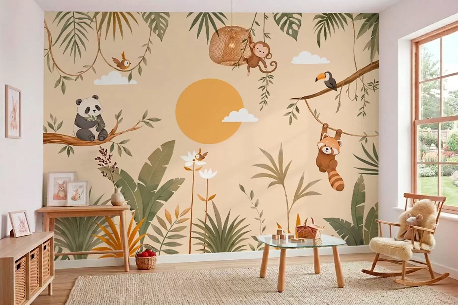 murais de parede Animais tropicais, folhagem e sol num fundo quente w05865v1