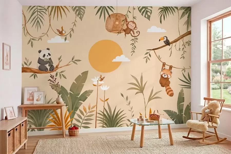 murais de parede Animais tropicais, folhagem e sol num fundo quente w05865v1