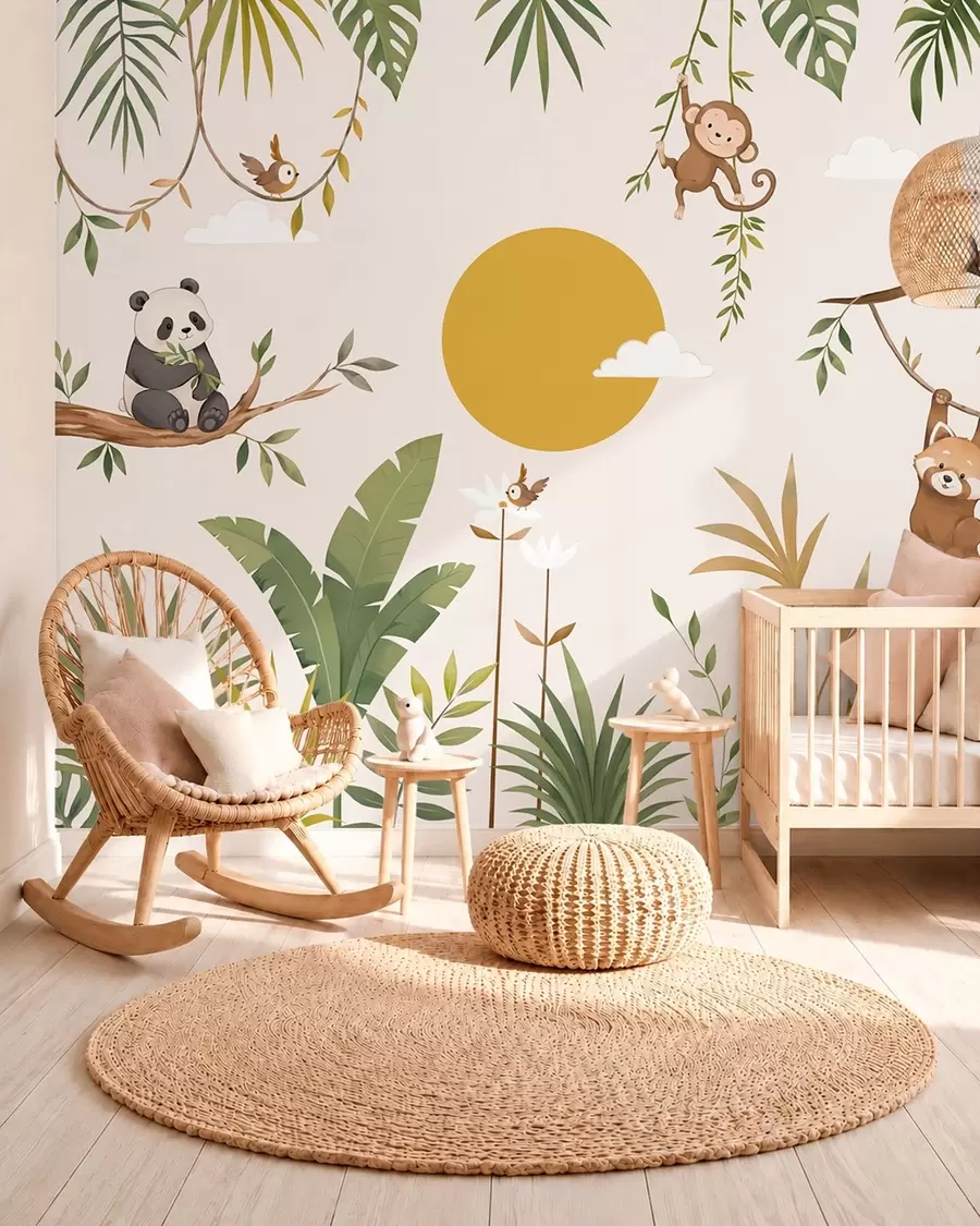 murais de parede Animais tropicais entre a folhagem, com um sol enorme w05865v2