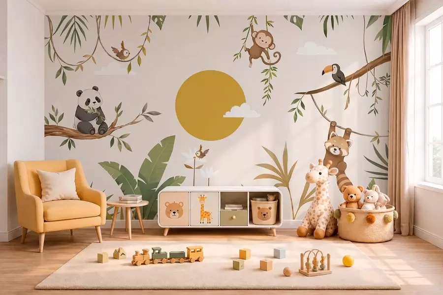 murais de parede Animais tropicais entre a folhagem, com um sol enorme w05865v2