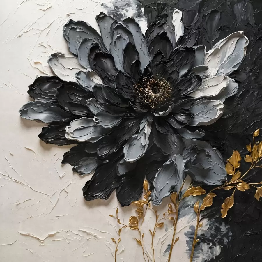 murais de parede Flor texturada em preto e cinzento com ramos decorativos w05883