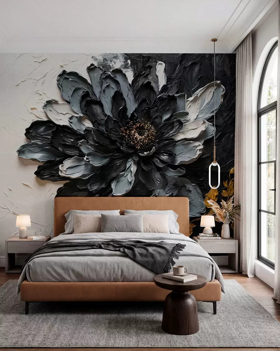 murais de parede Flor texturada em preto e cinzento com ramos decorativos w05883