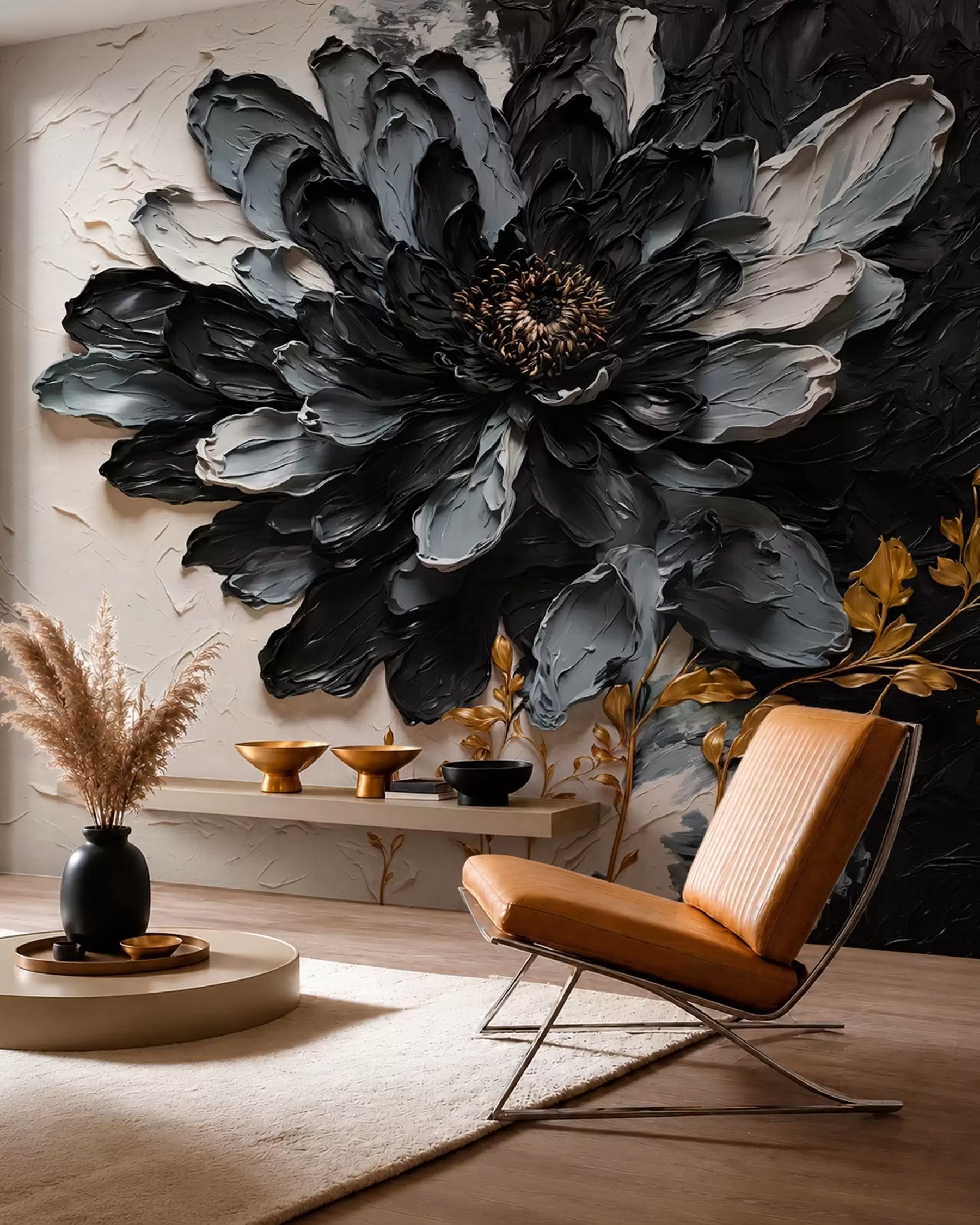 murais de parede Flor texturada em preto e cinzento com ramos decorativos w05883
