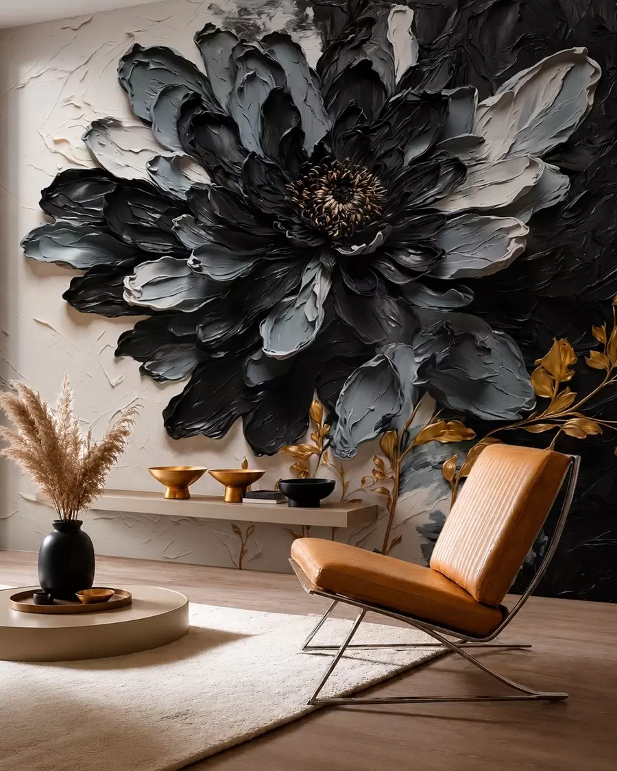 murais de parede Flor texturada em preto e cinzento com ramos decorativos w05883