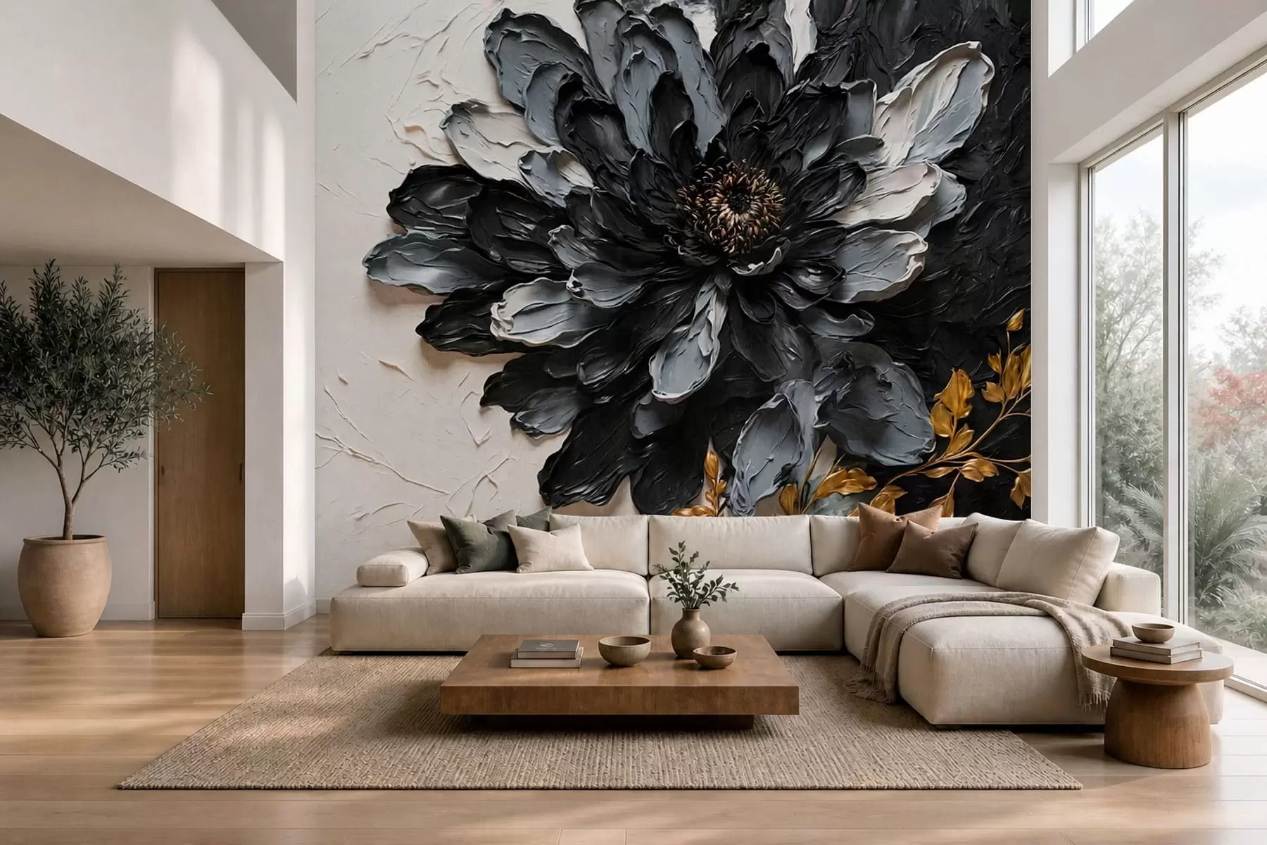 murais de parede Flor texturada em preto e cinzento com ramos decorativos w05883