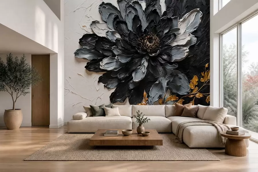 murais de parede Flor texturada em preto e cinzento com ramos decorativos w05883