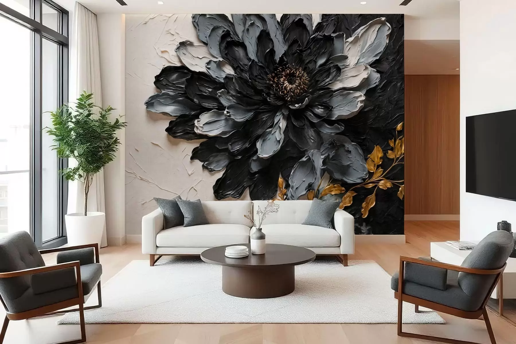 murais de parede Flor texturada em preto e cinzento com ramos decorativos w05883