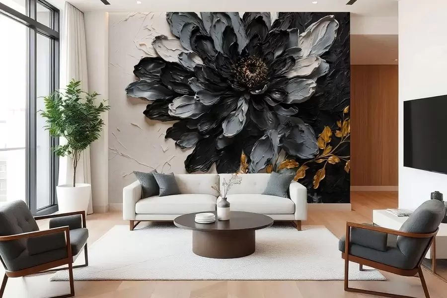 murais de parede Flor texturada em preto e cinzento com ramos decorativos w05883