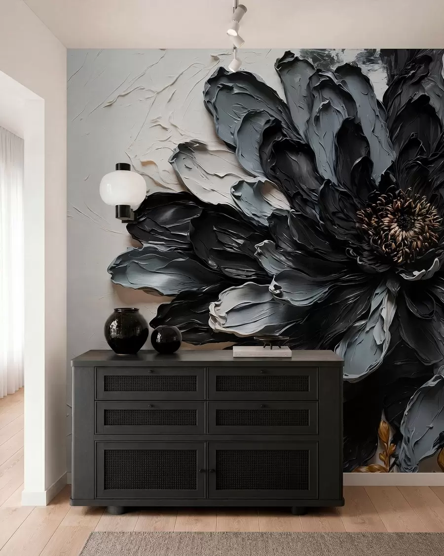 murais de parede Flor texturada em preto e cinzento com ramos decorativos w05883