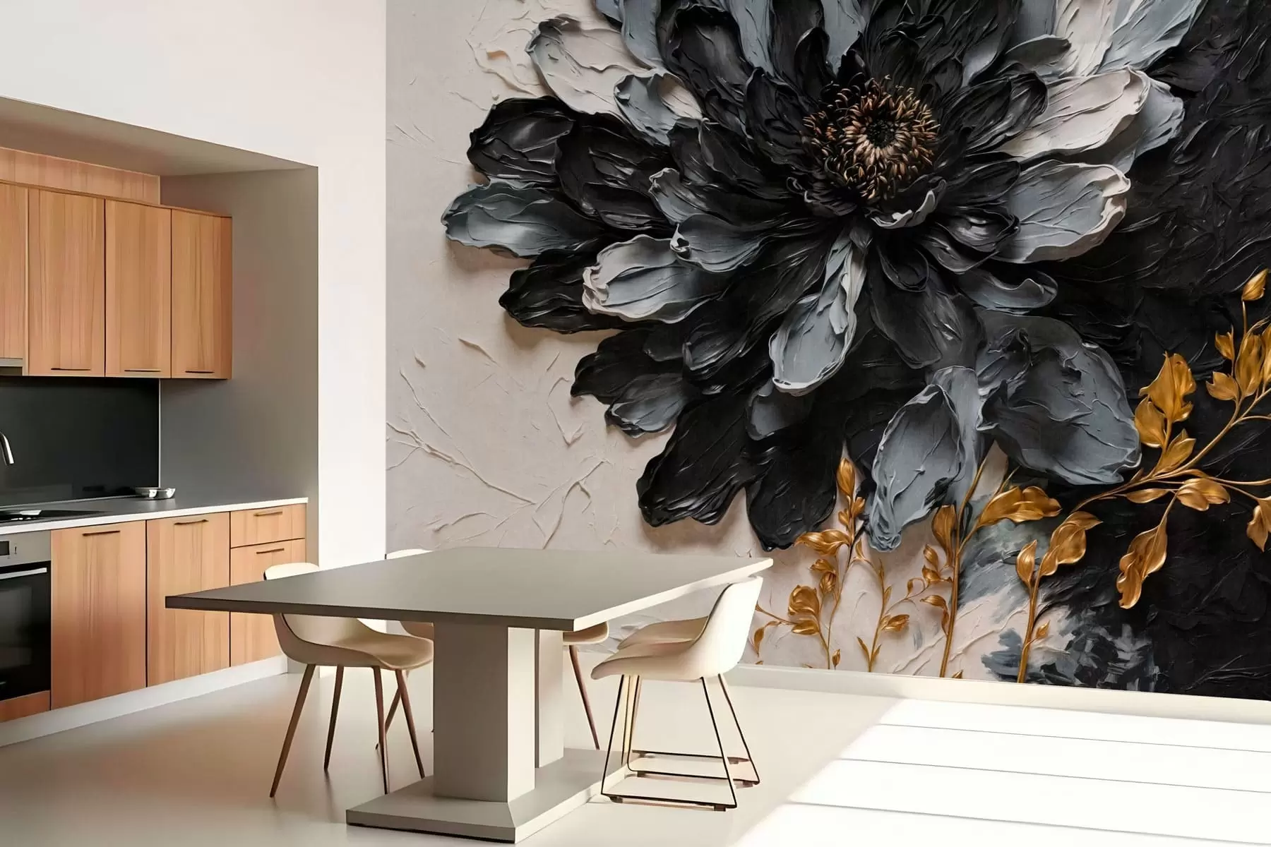 murais de parede Flor texturada em preto e cinzento com ramos decorativos w05883
