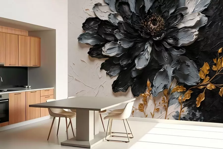 murais de parede Flor texturada em preto e cinzento com ramos decorativos w05883