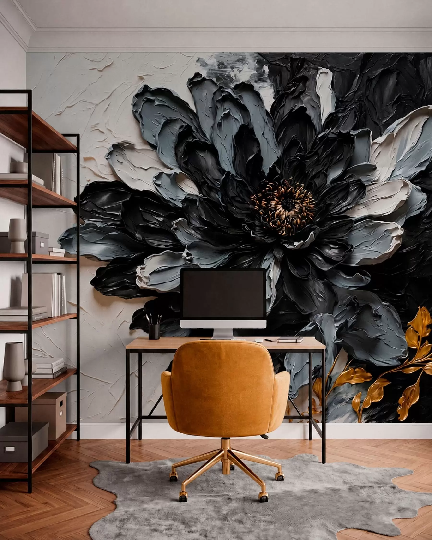 murais de parede Flor texturada em preto e cinzento com ramos decorativos w05883