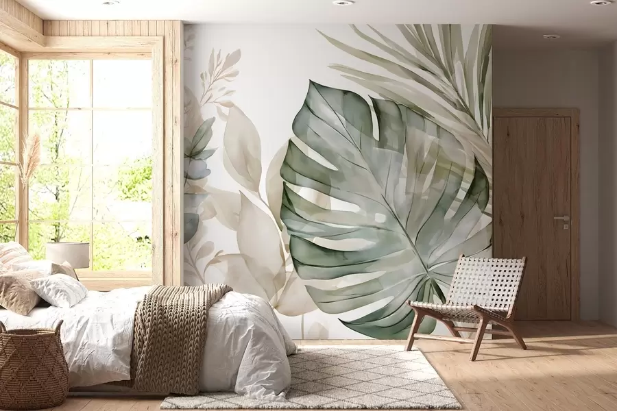 murais de parede Folhas tropicais grandes num estilo de aguarela w05867