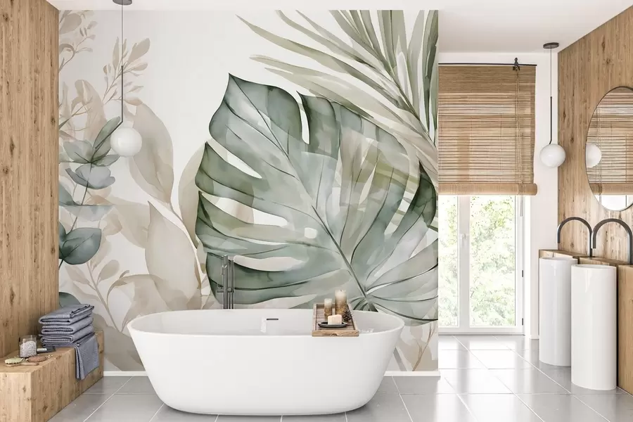 murais de parede Folhas tropicais grandes num estilo de aguarela w05867