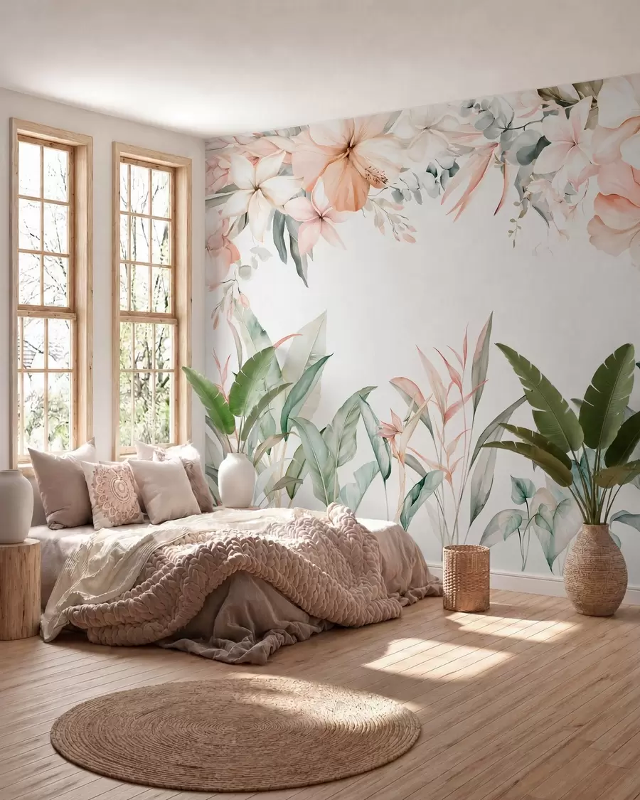 murais de parede Uma composição tropical de flores e plantas em estilo de aguarela, em tons delicados w05870