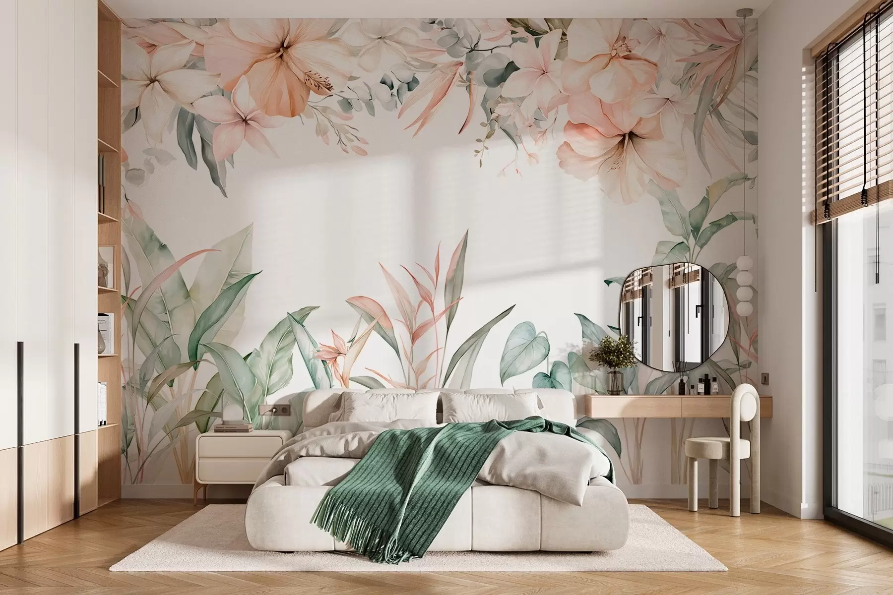 murais de parede Uma composição tropical de flores e plantas em estilo de aguarela, em tons delicados w05870
