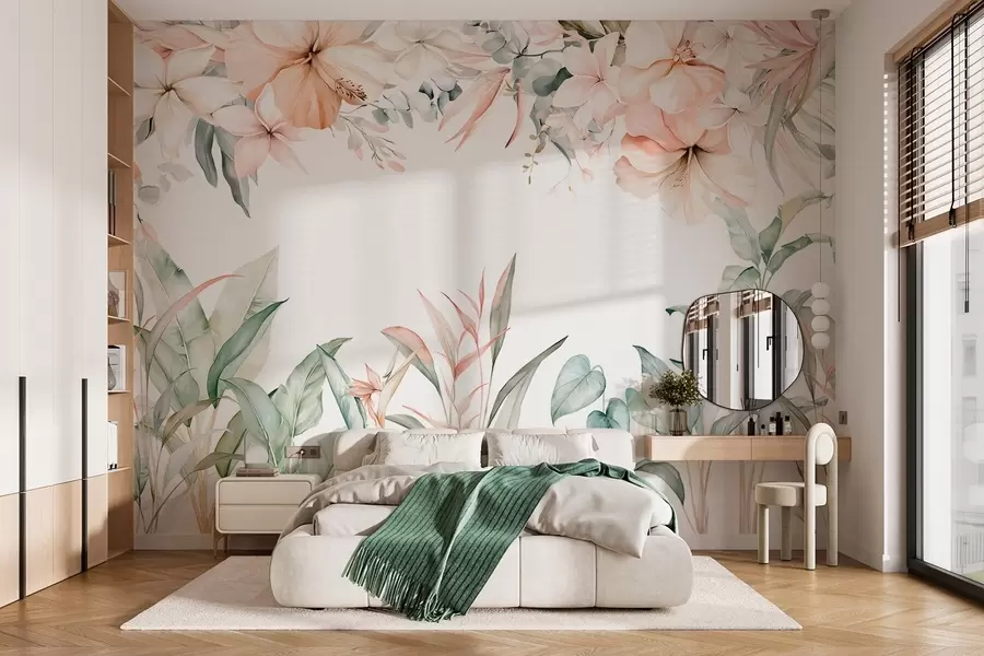 murais de parede Uma composição tropical de flores e plantas em estilo de aguarela, em tons delicados w05870
