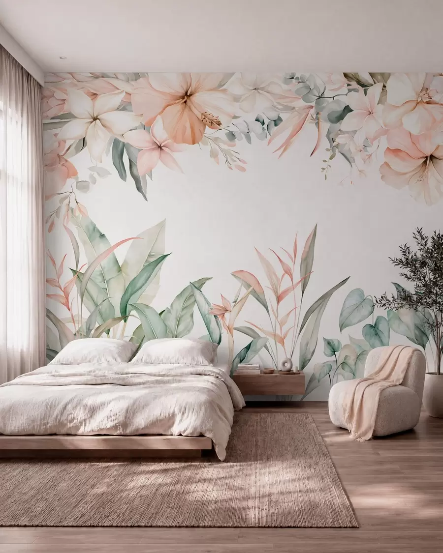 murais de parede Uma composição tropical de flores e plantas em estilo de aguarela, em tons delicados w05870
