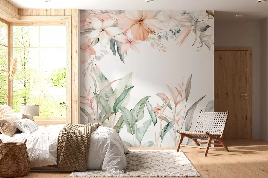 murais de parede Uma composição tropical de flores e plantas em estilo de aguarela, em tons delicados w05870
