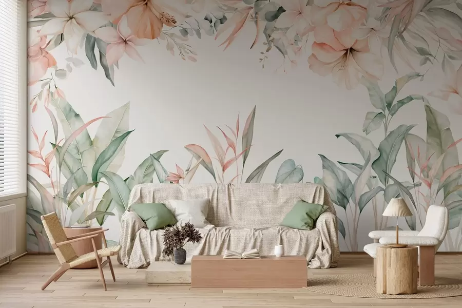 murais de parede Uma composição tropical de flores e plantas em estilo de aguarela, em tons delicados w05870