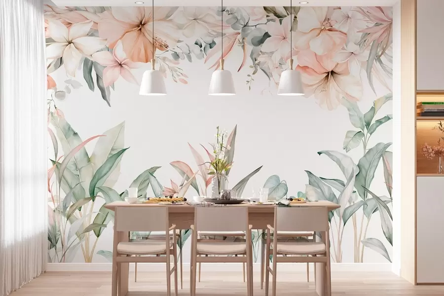 murais de parede Uma composição tropical de flores e plantas em estilo de aguarela, em tons delicados w05870