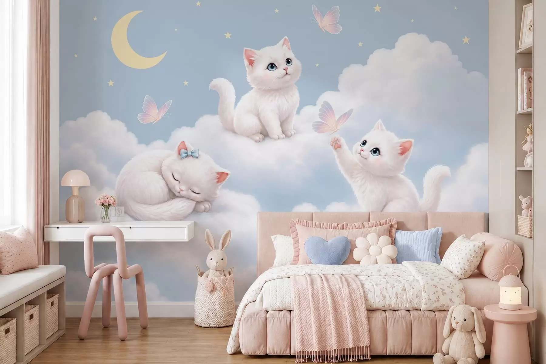 murais de parede Gatinhos fofos com borboletas entre as nuvens w05841
