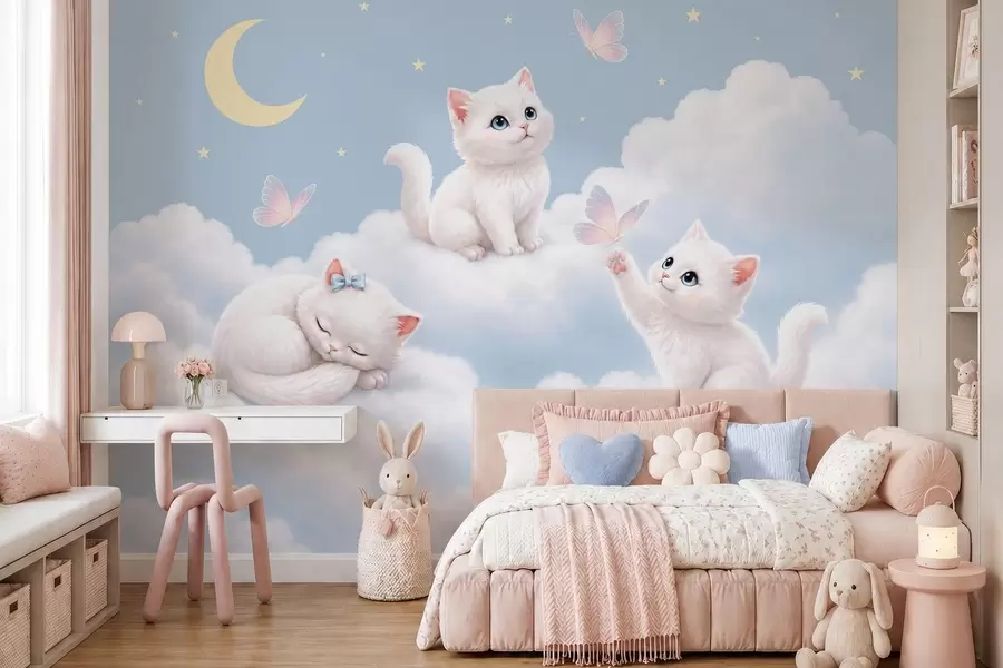 murais de parede Gatinhos fofos com borboletas entre as nuvens w05841