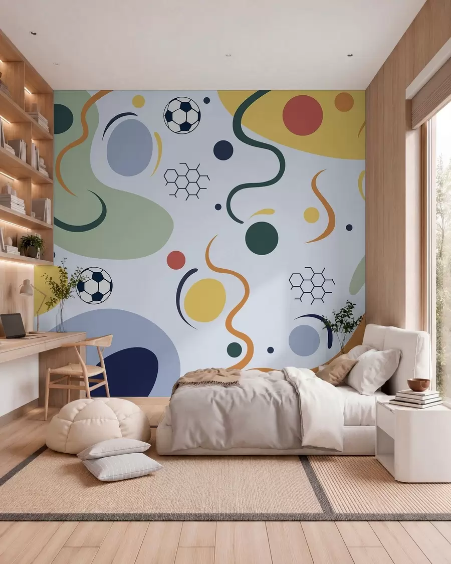 murais de parede Formas abstratas, bolas de futebol, linhas e círculos w05142v2