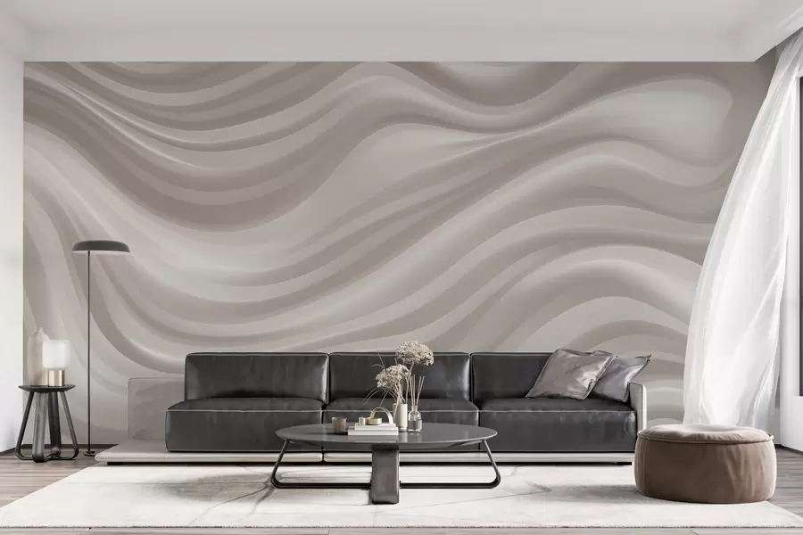 murais de parede Linhas onduladas volumosas em tons suaves de bege e creme w09835
