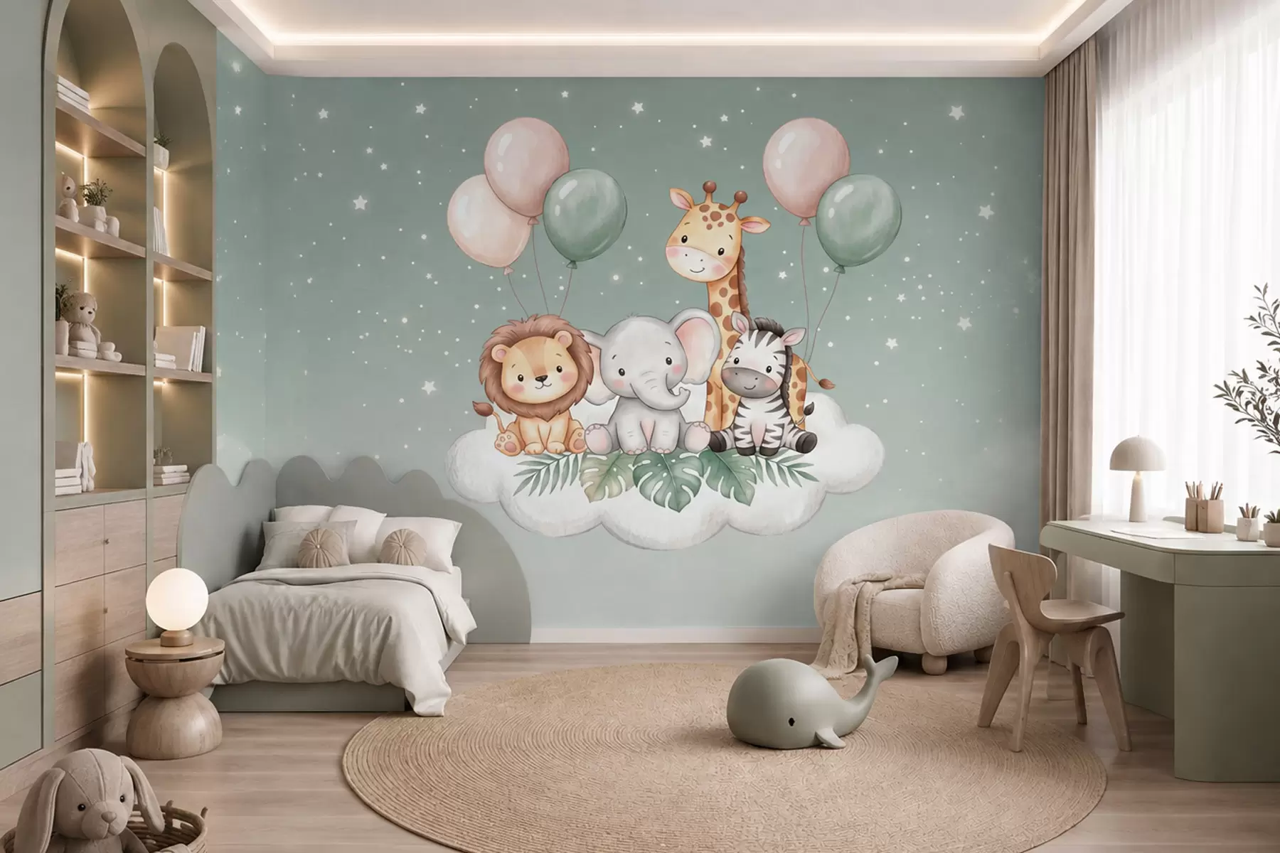 murais de parede Animais de safari simpáticos em nuvens fofas, em tons suaves de pastel, num estilo de aguarela w10004