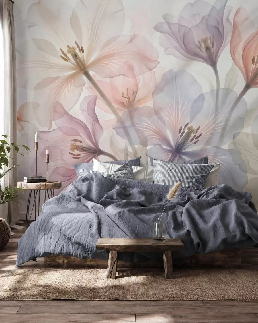 murais de parede Flores delicadas e transparentes em tons pastel, num estilo de aguarela w09999