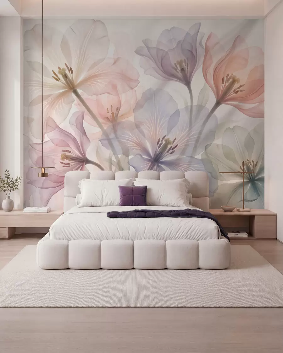murais de parede Flores delicadas e transparentes em tons pastel, num estilo de aguarela w09999