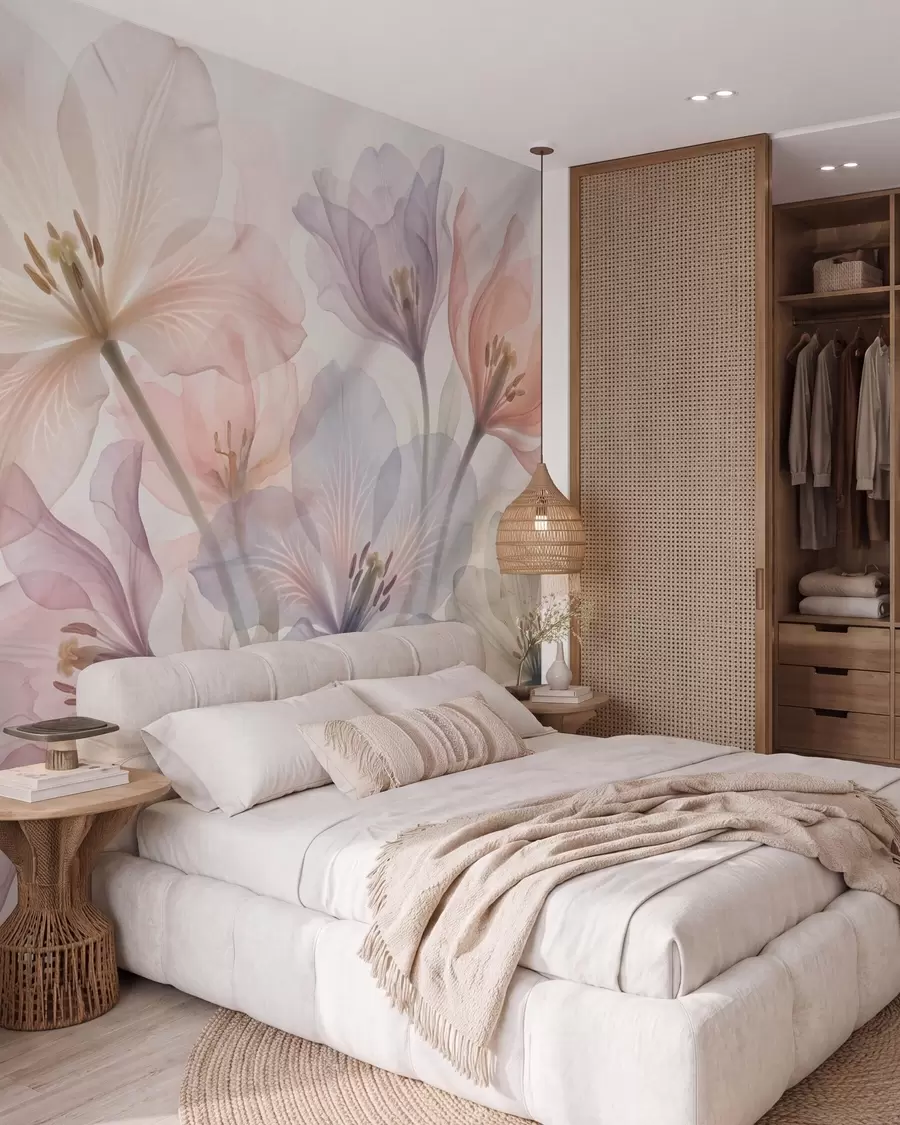 murais de parede Flores delicadas e transparentes em tons pastel, num estilo de aguarela w09999