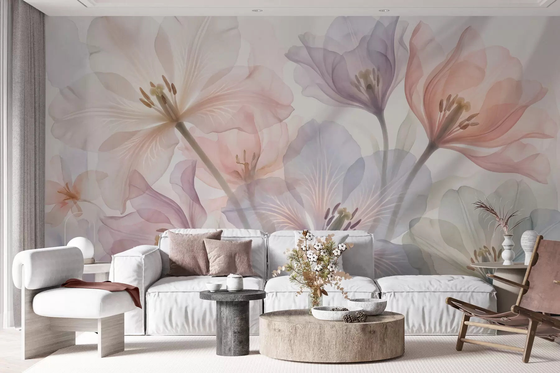 murais de parede Flores delicadas e transparentes em tons pastel, num estilo de aguarela w09999