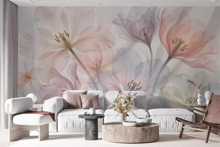 murais de parede Flores delicadas e transparentes em tons pastel, num estilo de aguarela w09999