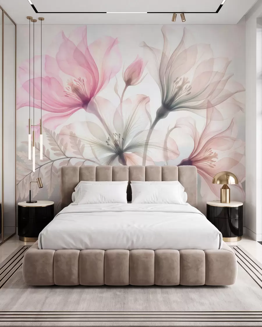 murais de parede Flores delicadas em tons pastel de rosa e azul, num estilo de aguarela w10009