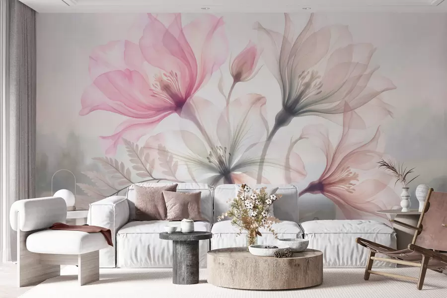murais de parede Flores delicadas em tons pastel de rosa e azul, num estilo de aguarela w10009