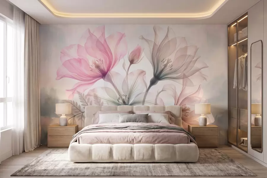 murais de parede Flores delicadas em tons pastel de rosa e azul, num estilo de aguarela w10009
