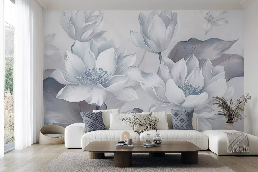 murais de parede Flores de lótus com textura e pétalas delicadas, folhas grandes de um azul suave w10027v1