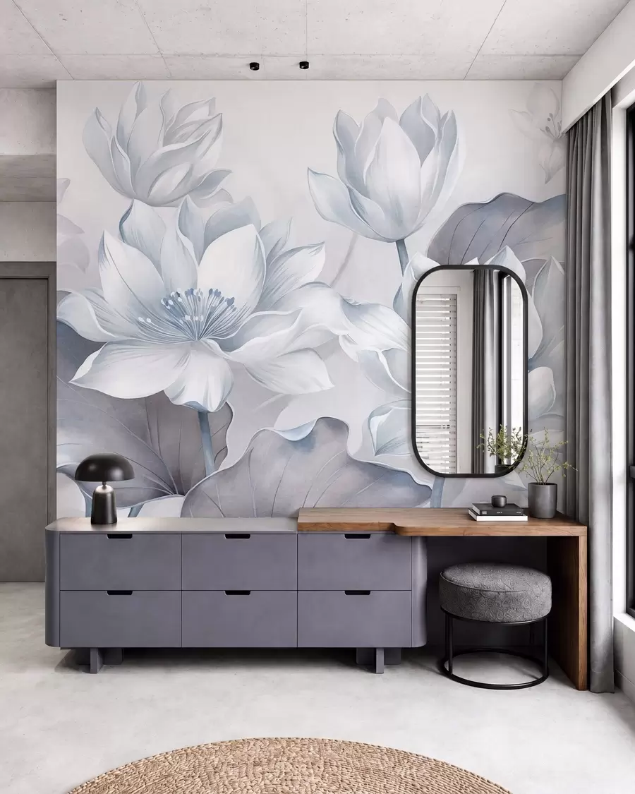 murais de parede Flores de lótus com textura e pétalas delicadas, folhas grandes de um azul suave w10027v1