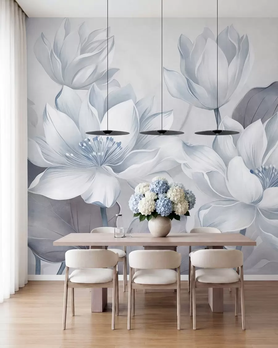 murais de parede Flores de lótus com textura e pétalas delicadas, folhas grandes de um azul suave w10027v1