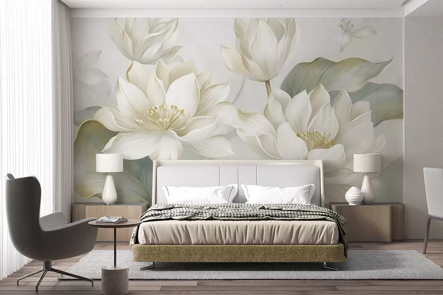 murais de parede Flores de lótus com textura e pétalas delicadas, folhas grandes de um verde suave w10027