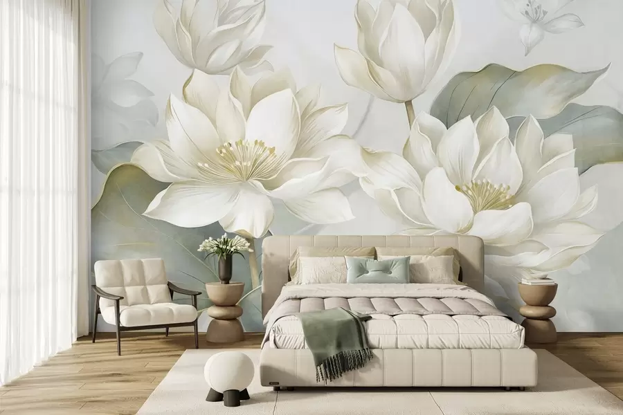 murais de parede Flores de lótus com textura e pétalas delicadas, folhas grandes de um verde suave w10027