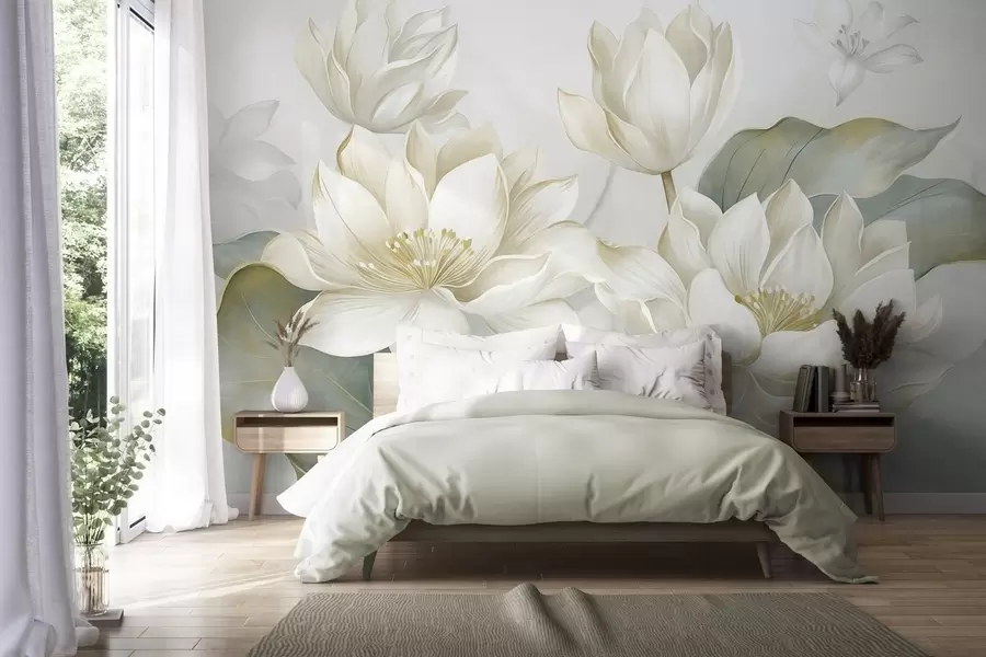 murais de parede Flores de lótus com textura e pétalas delicadas, folhas grandes de um verde suave w10027